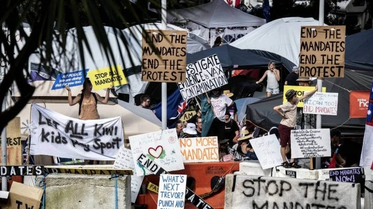 Showing the range of handmade banners and placards that were brought and hung up around parliament grounds.