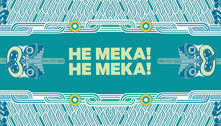 He Meka logo and two tikis against the He Meka waka huia background.