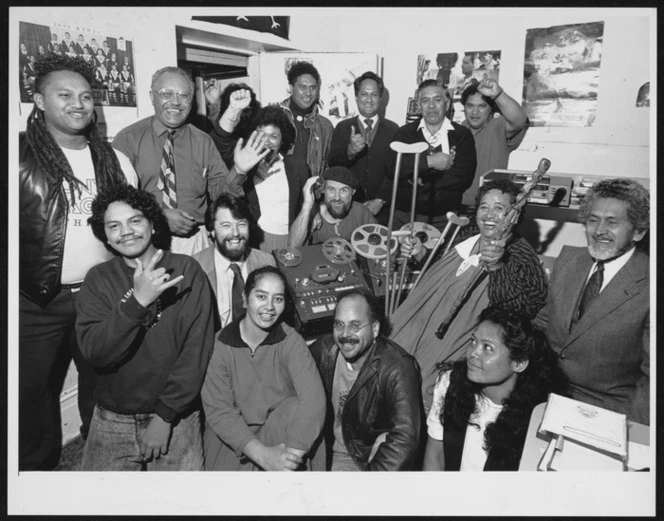 Staff at Te Upoko o Te Ika radio station celebrating its third birthday.