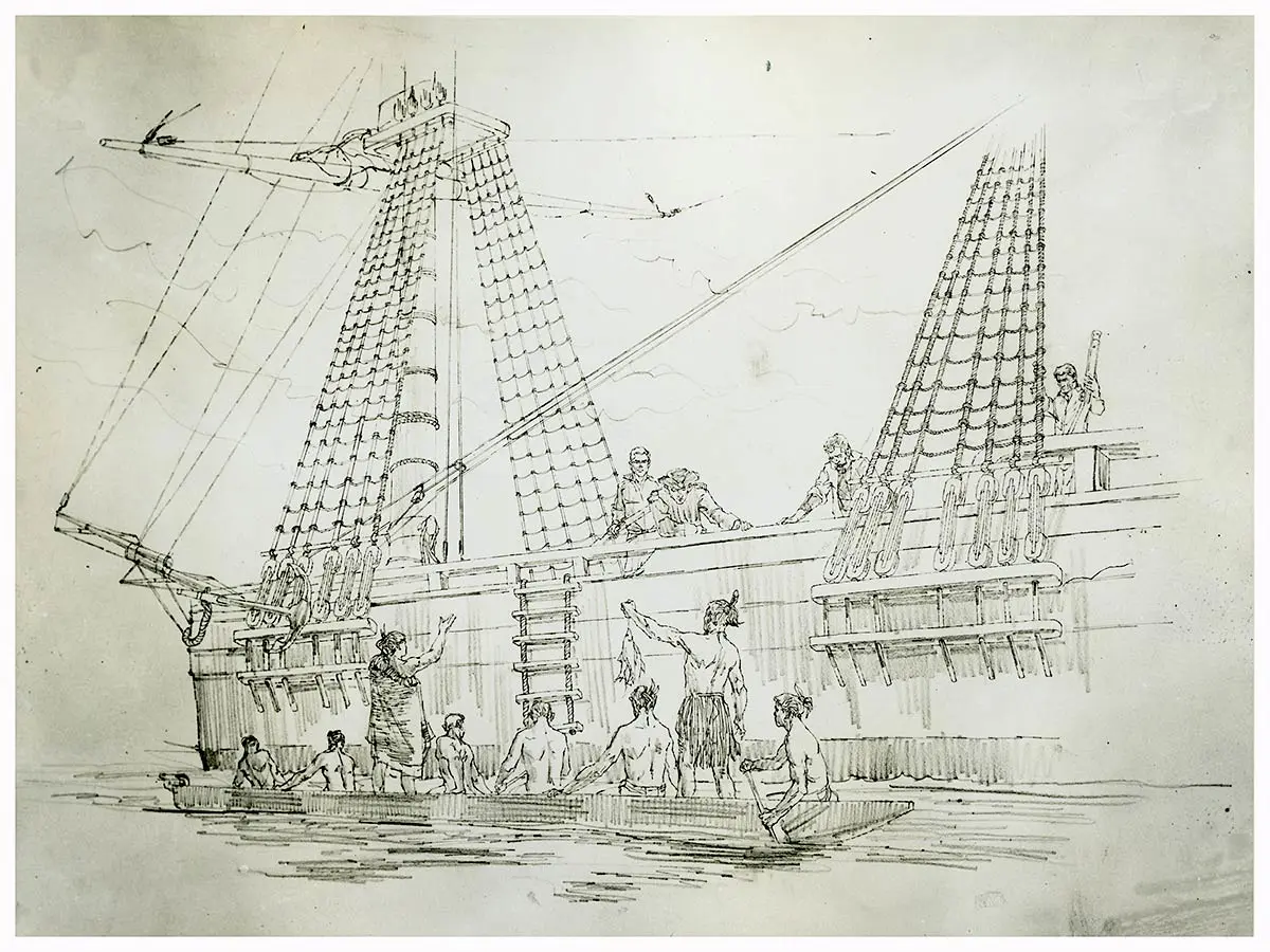 Black and white illustration of a Māori group on a waka trading alongside a sailing ship in Aotearoa waters.