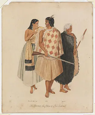 Colour illustration of Hariata Rongo, Hōne Heke and Kawiti standing together. It shows Hōne Heke holding a musket.