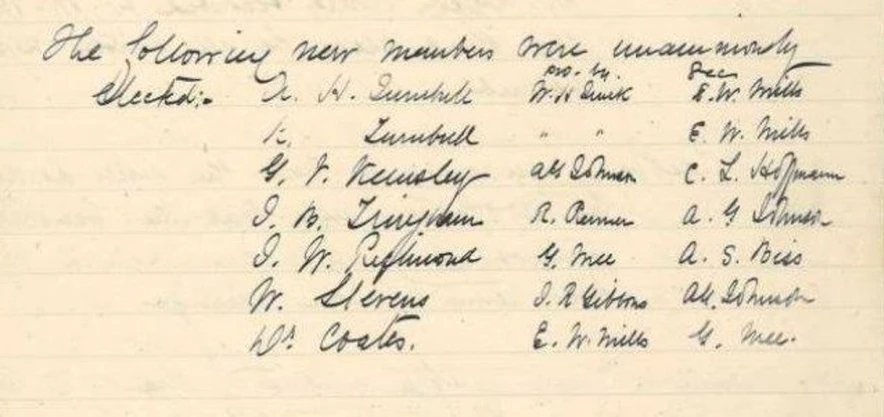 Handwritten list of names of members of the club.