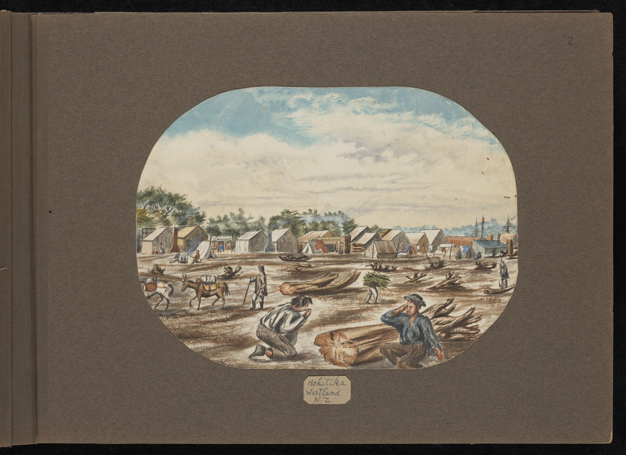 A painted scene showing a busy camp with numerous tents and men working.