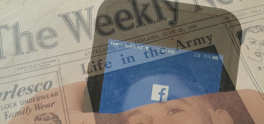 Old newspaper superimposed with silhouette of phone with Facebook icon showing