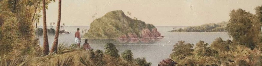  Shows two figures looking towards a small island in a bay with coconut palms to the left. Possibly in Vanuatu (New Hebrides) area