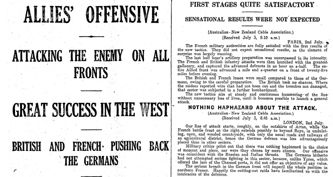 Headlines and article text from 1916. Reads 'Allies offensive. Attacking the enemy on all fronts. Great success in the West. British and French pushing back the Germans. First stages quite satisfactory...'