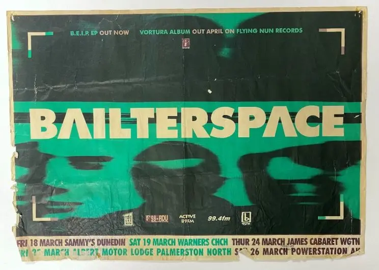 A gig poster for Bailterspace featuring dark green colours and three distorted human faces. 