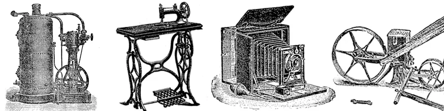 Ink drawings of a water pump, sew machind table, accordion camera and surveying equipment. 
