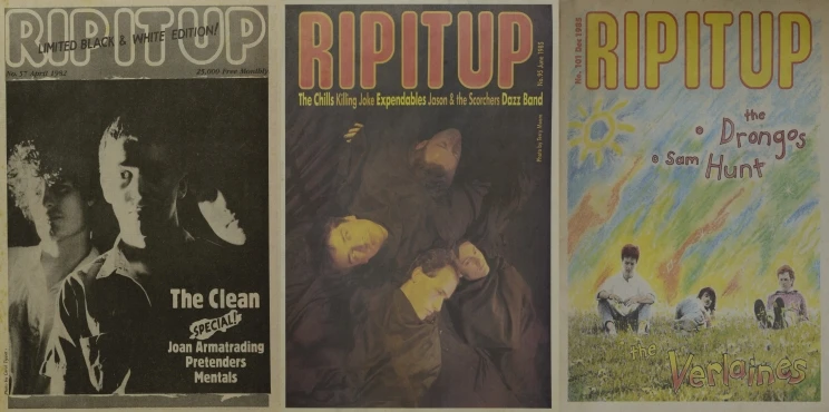 Three magazine covers side by side, showing a black and white photo of band The Clean, The Chills and The Drongos and Sam Hunt.