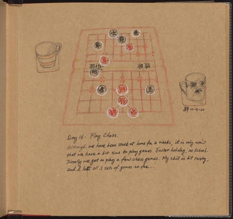 A hand-drawn scene on brown cardboard showing a Chinese chess game (Xiangqi) with red and black pieces and two mugs of tea on either side of the board.