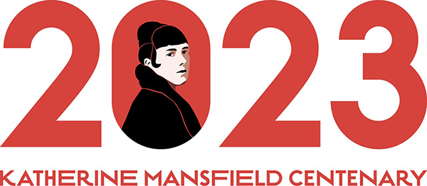 Red text '2023 Katherine Mansfield Centenary' with an illustration of a woman with dark hair framed in the 0. 