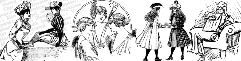 Four drawings from historical magazines showing women talking or reading together. 