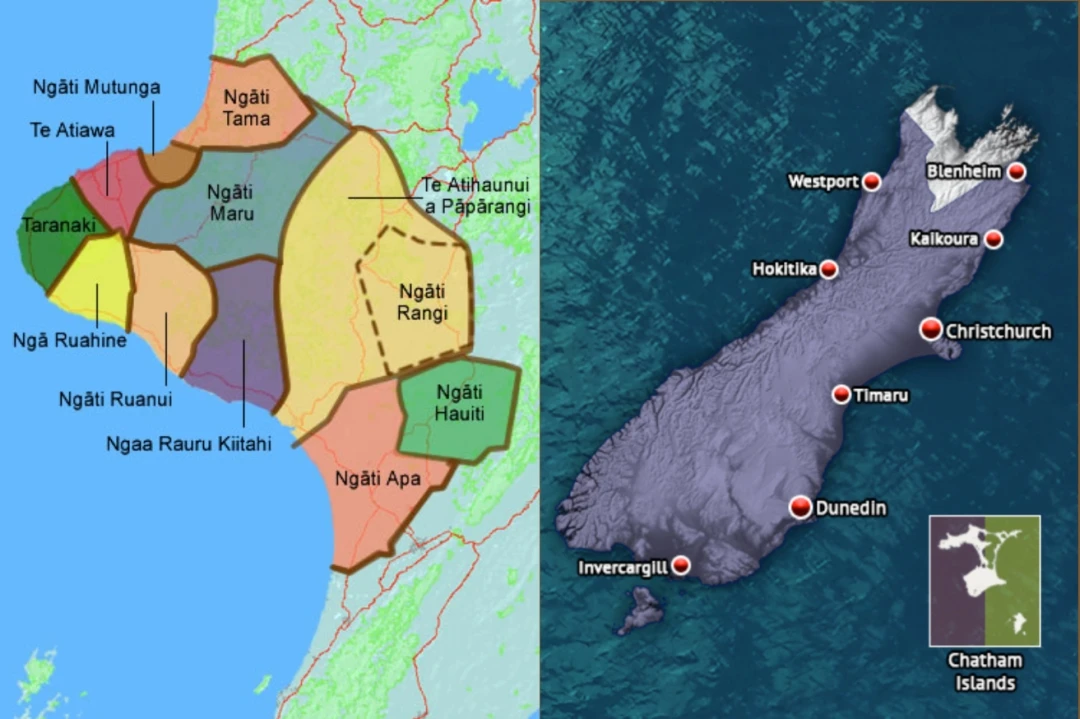 Shows two maps of various regions in the north and south islands.