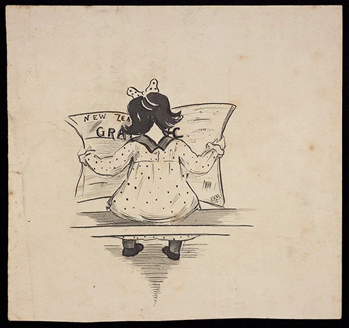 Sketch of the back view of a girl wearing a spotted dress and hair bow sitting on a bench reading a newspaper.