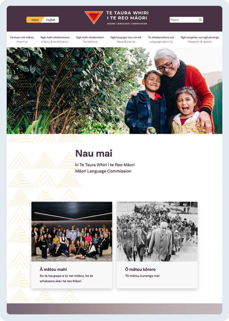 Homepage of Te Taura Whiri i Te Reo Māori, has welcome words and three images of people. 