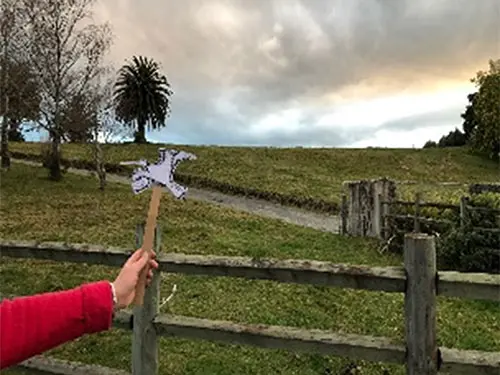 Colour photograph of a kuaka (bar-tailed godwit) cut out held in front of a paddock overlooking farm land.