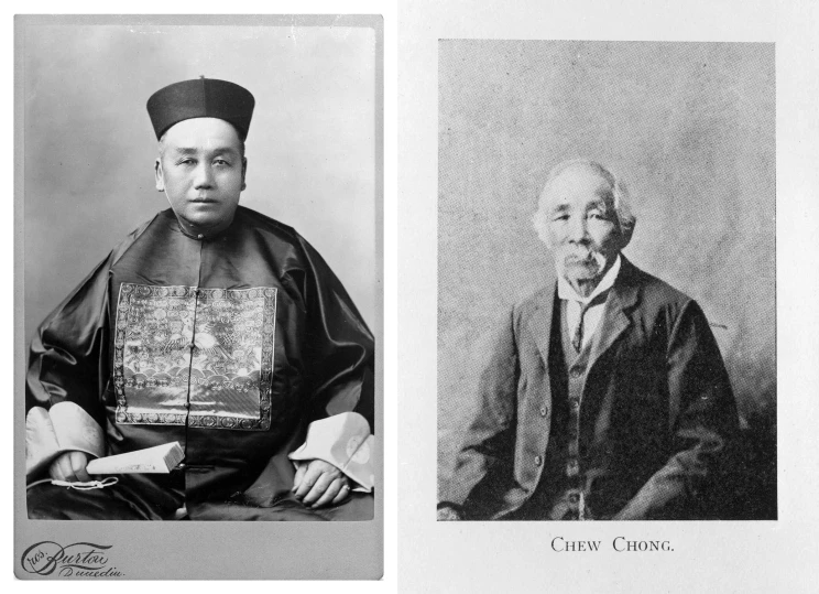 Two formal portraits of older Chinese men, one wearing more traditional dress and the other wearing suit and tie.