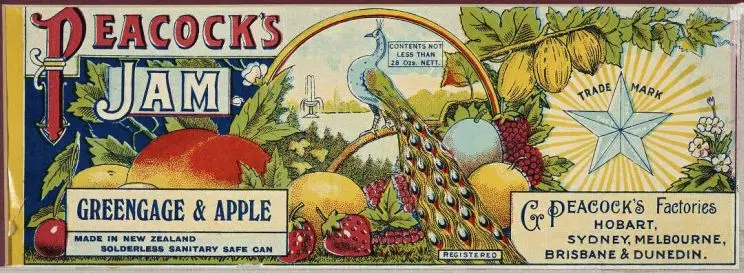 A can label for Peacock's greengage and apple jam. Shows illustrations of various fruits including strawberries, raspberries, peaches, gooseberries and cherries. In the centre, a peacock stands perched on a branch with an ornamental fountain behind it. At the right is the Star trademark and logo: "They that be wise shall shine". Peacock's factory locations are given: Hobart, Sydney, Melbourne, Brisbane and Dunedin.