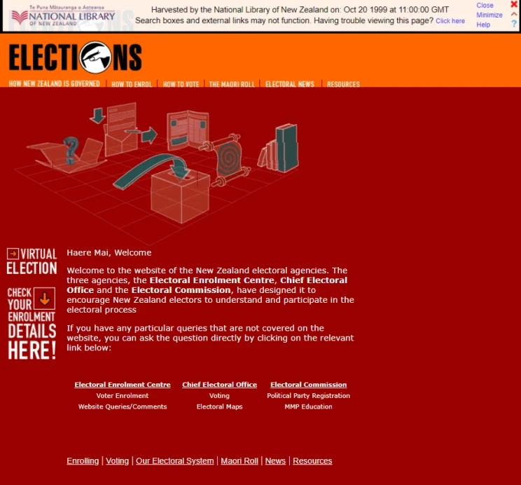 Screenshot showing a basic looking website front page with some text on a red background and an orange banner arcross the top with the word 'Elections'.