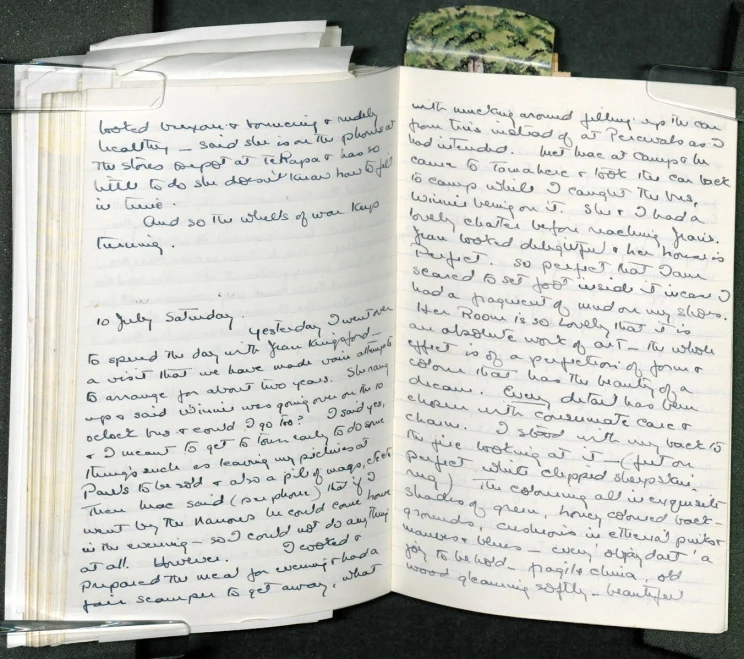 An open diary with handwritten entries in black ink, noting the day "10 July Saturday".