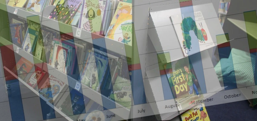 Calendar superimposed over photo of books on library shelves.