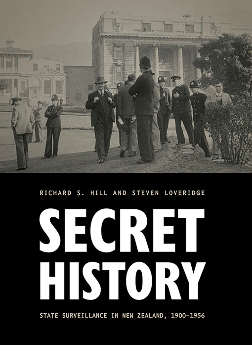 Book cover showing policemen and a group of suited men standing outside Parliament in Wellington. 