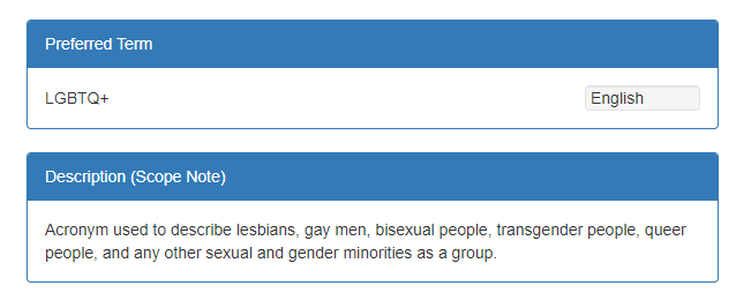 A screenshot showing the scope note for the subject heading term LGBTQ+.