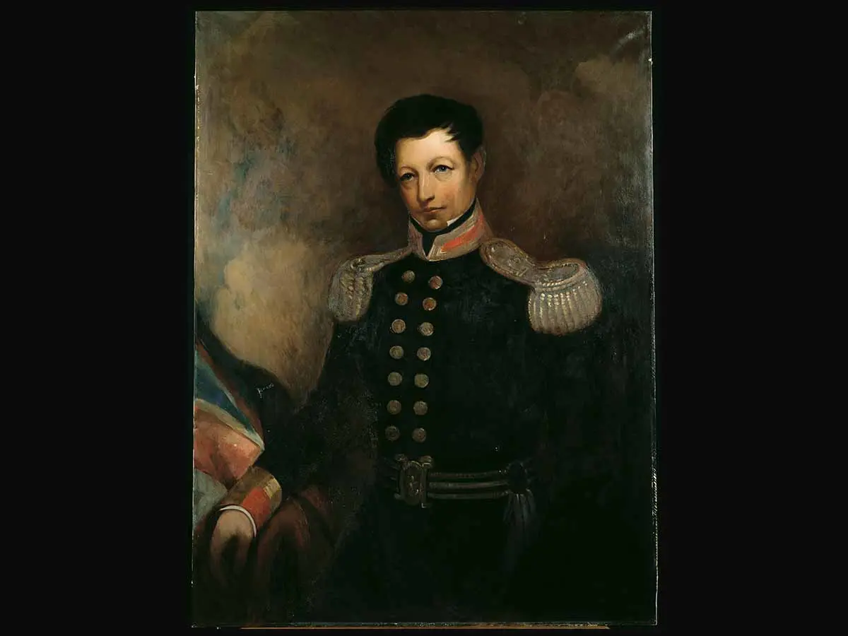 Three-quarter length, standing portrait painting of William Hobson dressed in uniform.