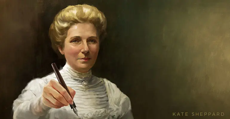Kate Sheppard, offering the pen she used to sign.