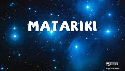 Photo of the Matariki stars taken by the Hubble space telescope overlaid with the words 'Matariki' written in bold white text