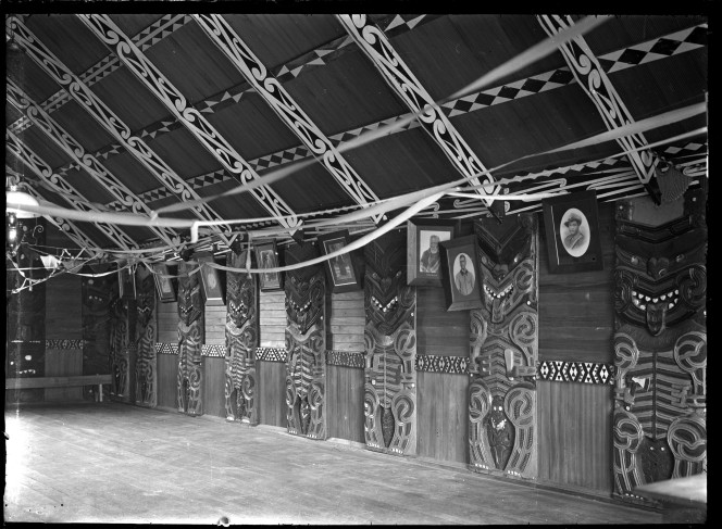 Meeting house interior at Muriwai, Gisborne, showing kowhaiwhai.