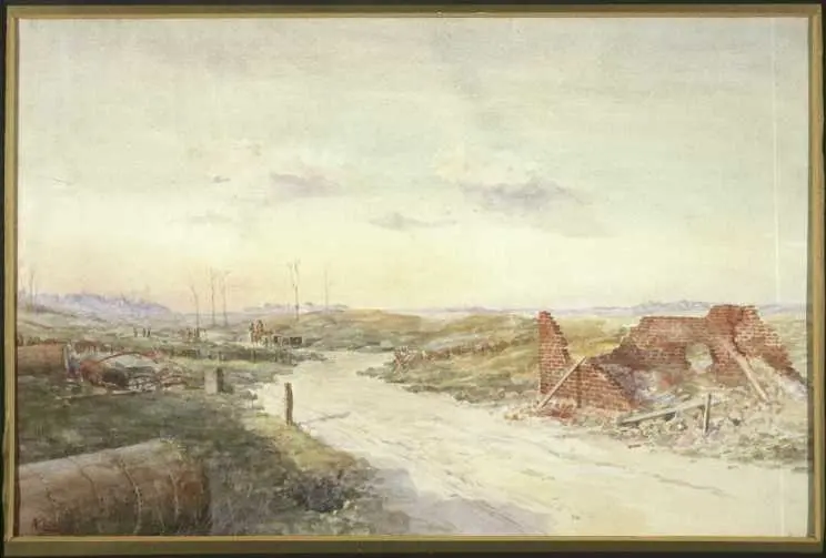 Scene in France or Belgium showing the ruins of a brick building, fuel drums, etc.