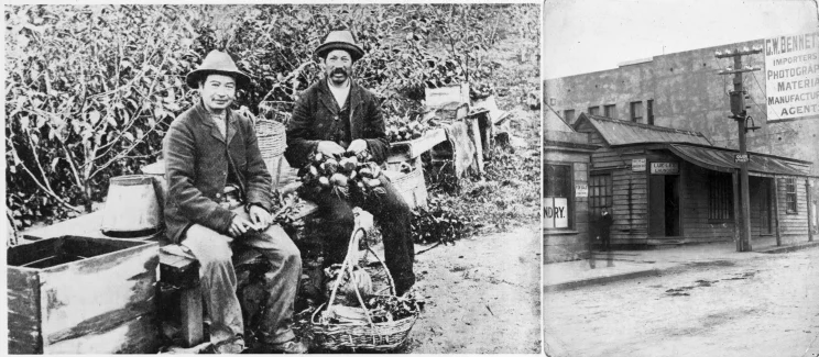 Two men holding vegetables in their laps, on the left is a mostly empty street with a laundromat in the center.