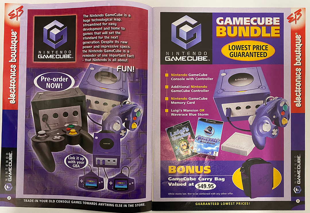 Pictures of a computer hardware and advertising blurb about Nintendo Gamecube. 
