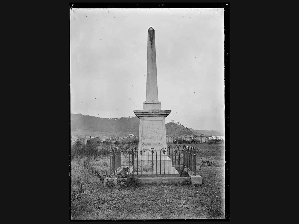 Black and white photo of Te Tii memorial | Waitangi Treaty Monument on Te Tii Marae grounds in Waitangi.