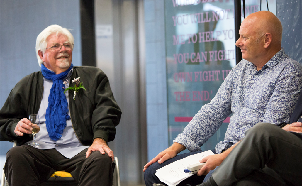 Bob Brockie and Lloyd Jones on stage during the event.