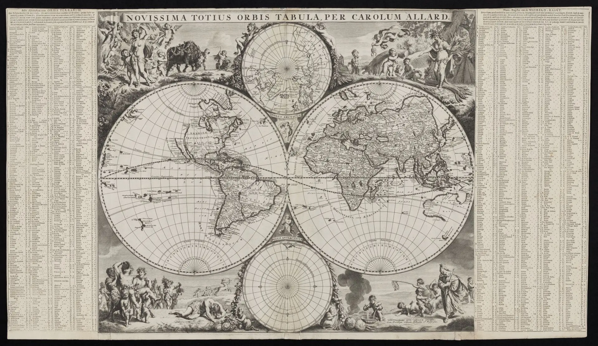 A large black and white map showing the earth in two halves, one showing North America and South America and the other Africa and Europe, plus two smaller circles showing the poles.  