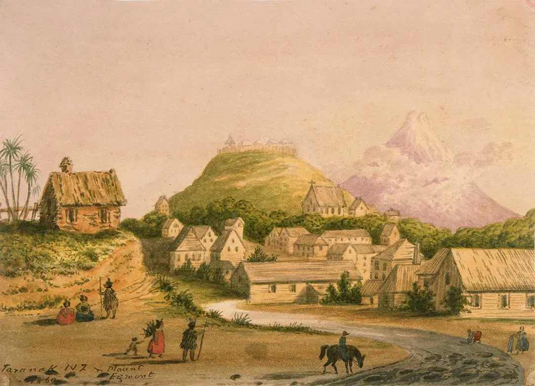 A painting of a scene in Ngāmotu | New Plymouth looking towards Taranaki Maunga. The Huatoki Stream runs alongside buildings. 2 groups of Māori are on the left. A person on horseback is at the stream's edge and 2 other people are doing washing in the stream.