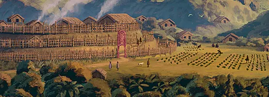 Colour artwork of a pā, showing the whare, palisades, and Māori working in māra kai (food gardens).