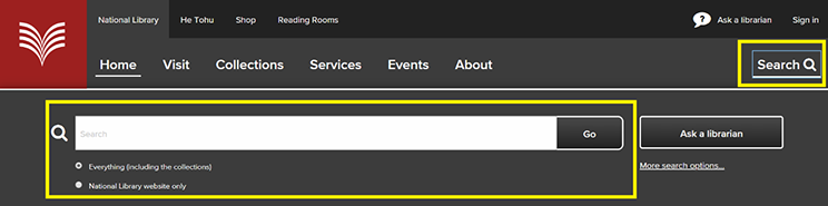 Screenshot of search bar on National Library website.