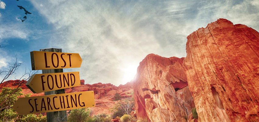 Signposts that read 'lost', 'found', 'searching' amongst barren, mountainous scenery with circling, black birds in the sky