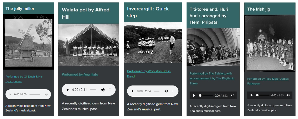 Shows five tiles with different songs, each with an image and audio player widget.