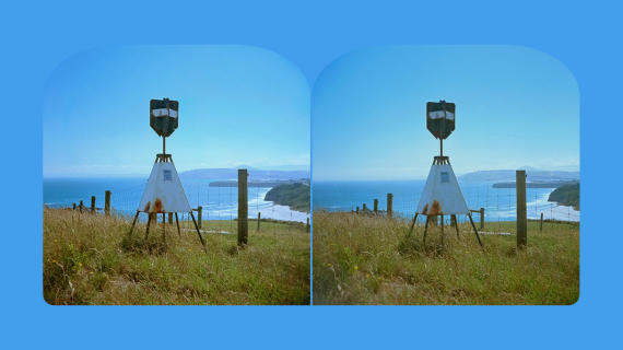 Two images side by side of a trig point high above a seashore. 