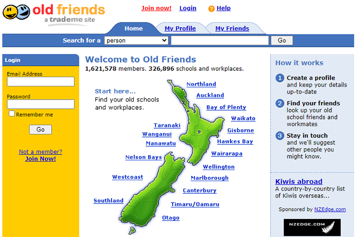 Home page of Old friends website shows a map of New Zealand. 