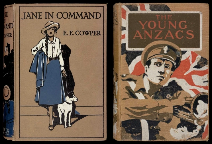 Two side by side book covers, on the left showing a young woman with a dog and on the right, a soldier holding a bugle.