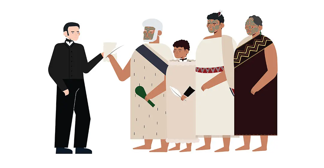 Illustration showing James Busby holding a sheet that Te Hāpuku is signing with a quill. Standing beside Te Hāpuku is Eruera Pare Hongi holding a quill, Hōne Heke and Tāmati Wāka Nene.