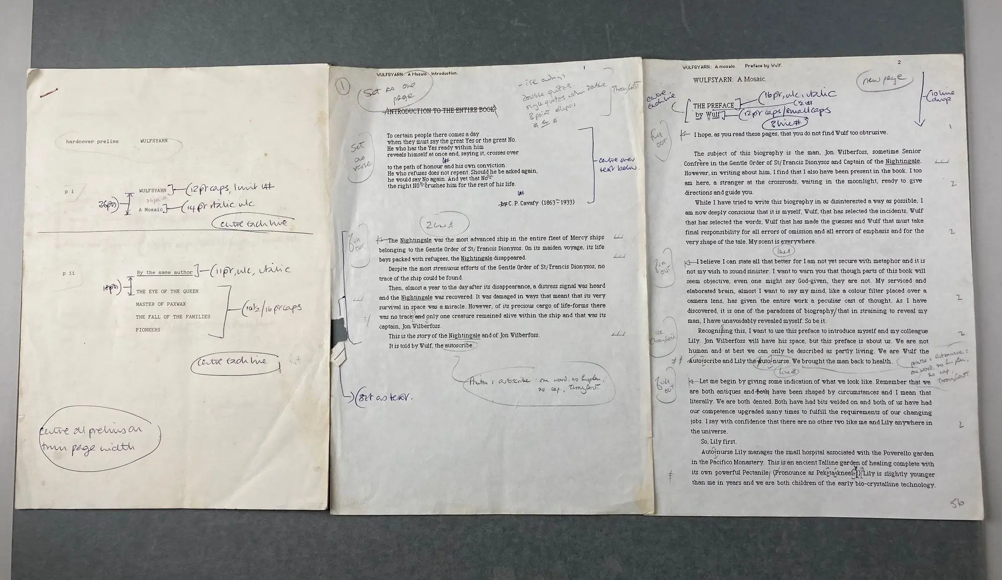 Three typed pages with handwritten notes in the margins and between lines. 