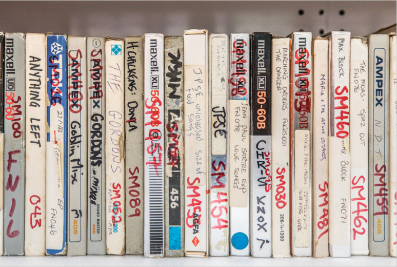 An image of the spines of magnetic tape boxes lined up on a shelf, each with unique handwritten labels.