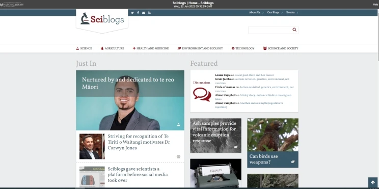 A screenshot of the homepage for Sciblogs shows links to various stories and blogs represented as tiles with thumbnail images, categories include "Just in"  and "Featured".