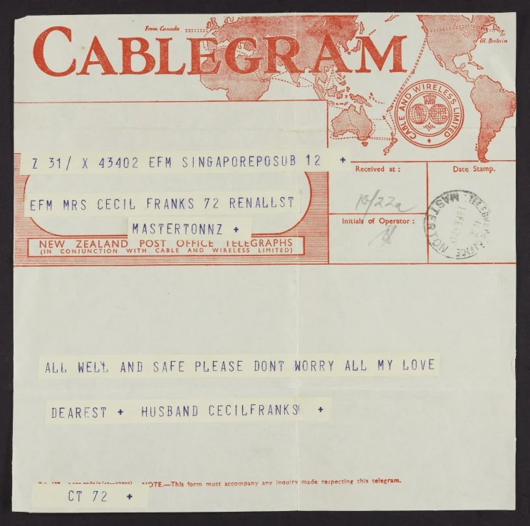 A cablegram showing a square, red, printed form with a typed message and address information.
